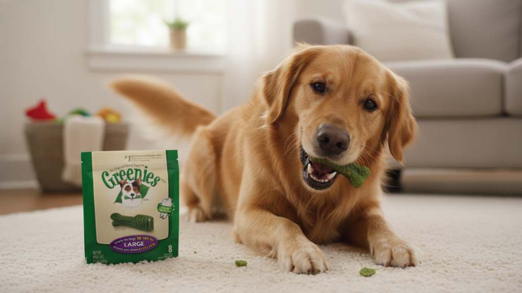 Happy dog chewing on a dental treat for oral health