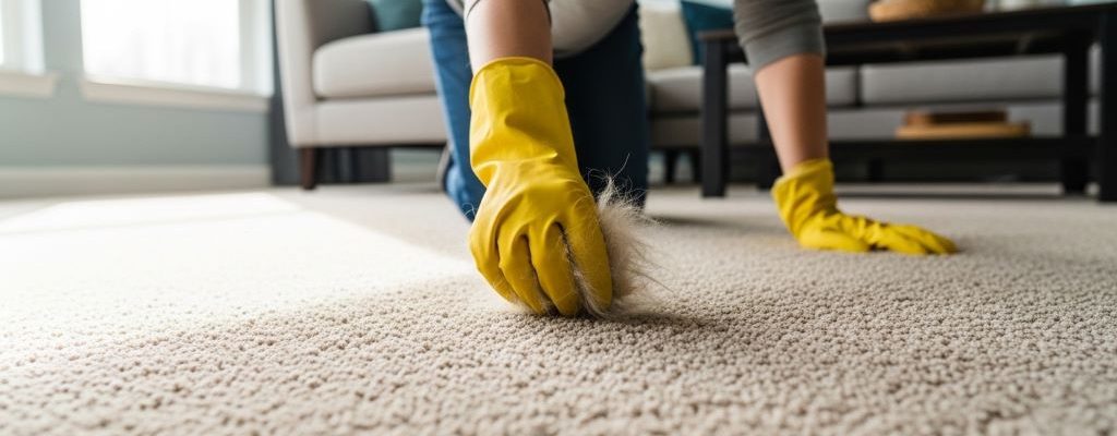 A person using a rubber glove to remove cat hair from a beige carpet in a bright living room
