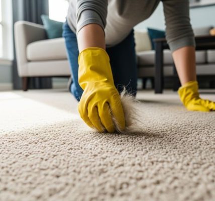 A person using a rubber glove to remove cat hair from a beige carpet in a bright living room
