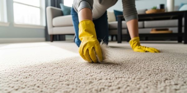 A person using a rubber glove to remove cat hair from a beige carpet in a bright living room