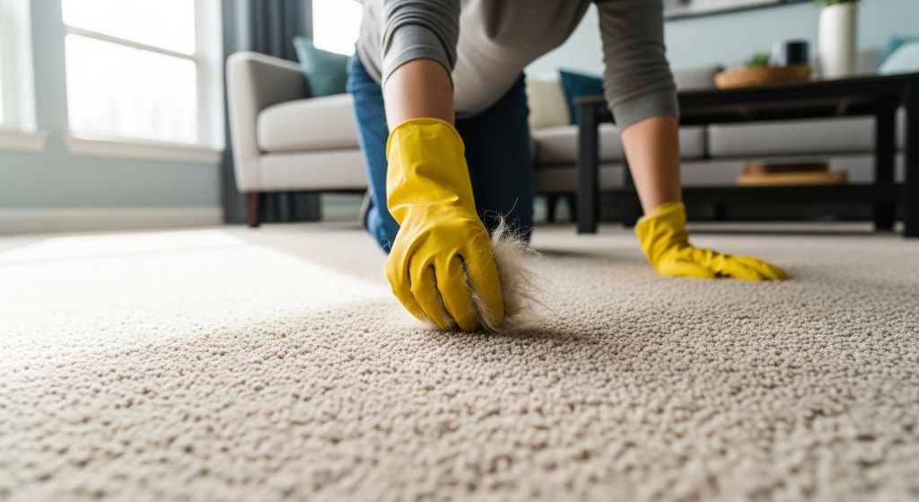A person using a rubber glove to remove cat hair from a beige carpet in a bright living room