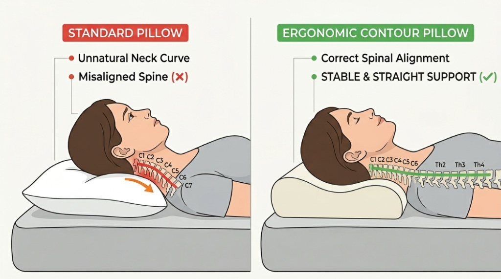 Close up of gel-infused memory foam layers and breathable cover fabric on an ergonomic contour pillow.