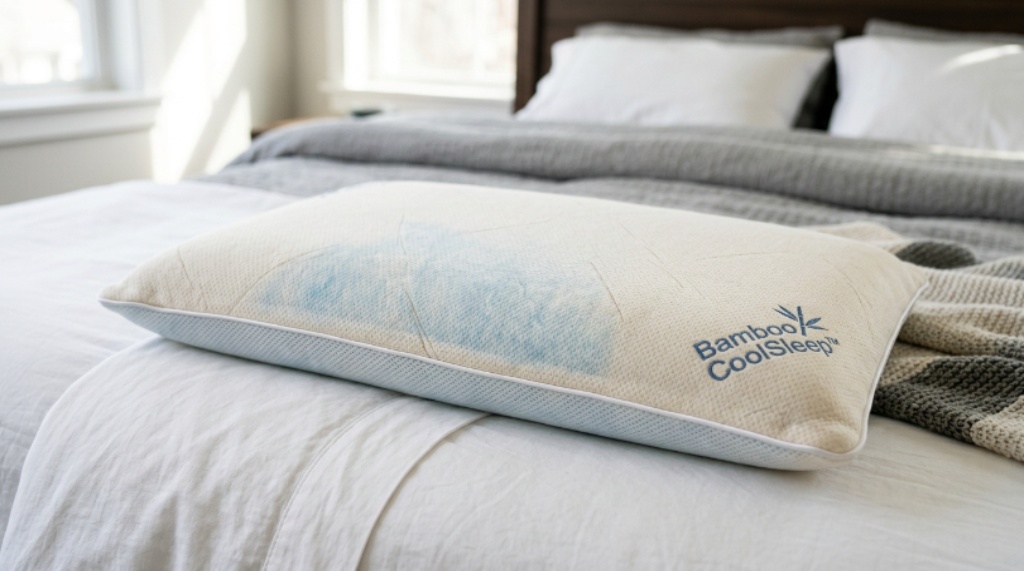 Close-up of a gel-infused cooling thin pillow with a breathable bamboo pillow cover on a neatly made bed