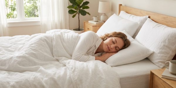 Person sleeping comfortably on a thin cooling pillow with breathable white bedding in a bright bedroom