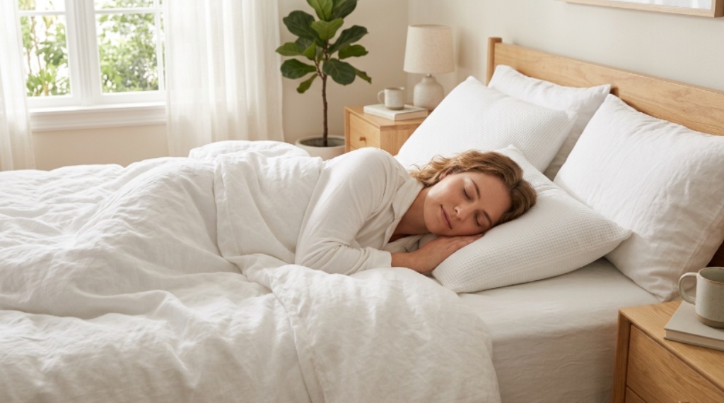 Person sleeping comfortably on a thin cooling pillow with breathable white bedding in a bright bedroom