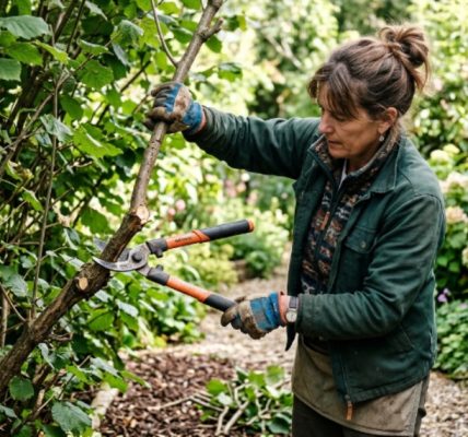 Gardener using heavy duty bypass pruning shears to cut a thick woody branch from a mature garden shrub
