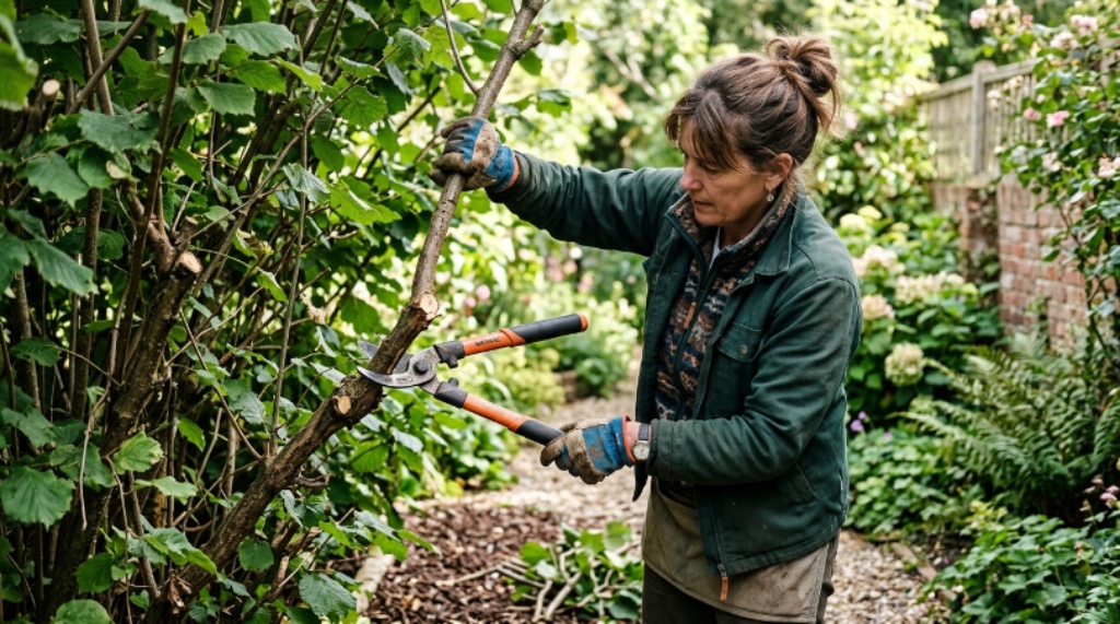 Gardener using heavy duty bypass pruning shears to cut a thick woody branch from a mature garden shrub