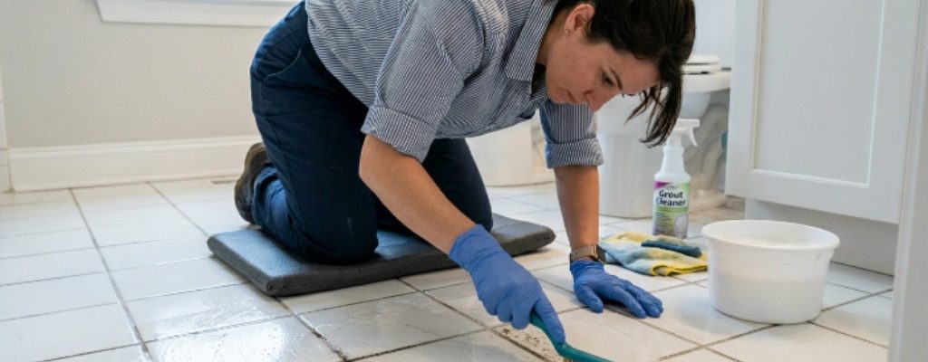 Person using a soft-bristle brush to scrub grout lines on a white ceramic tile floor