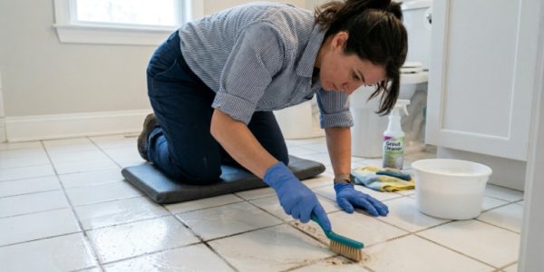 Person using a soft-bristle brush to scrub grout lines on a white ceramic tile floor