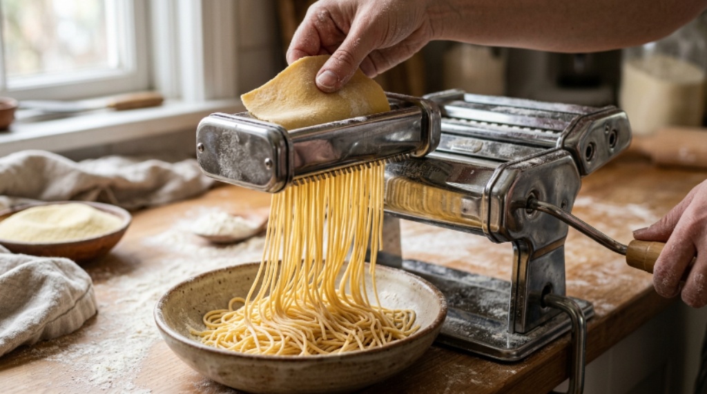 Close-up of a pasta cutter tool attachment on a hand crank noodle maker with freshly cut spaghetti strands