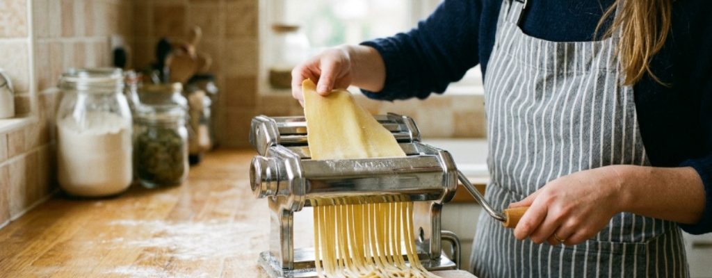 A manual noodle machine clamped to a countertop with fresh pasta sheets being fed through the rollers by hand