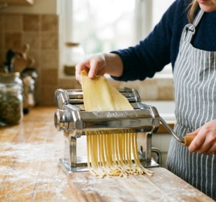 A manual noodle machine clamped to a countertop with fresh pasta sheets being fed through the rollers by hand