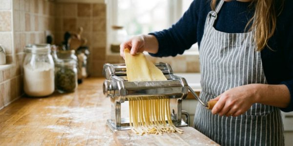 A manual noodle machine clamped to a countertop with fresh pasta sheets being fed through the rollers by hand
