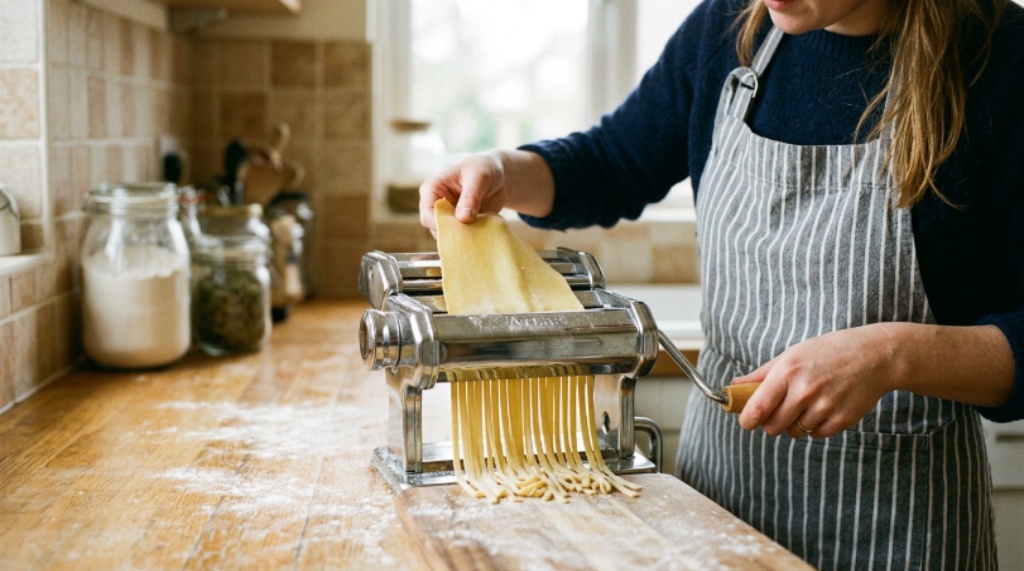 A manual noodle machine clamped to a countertop with fresh pasta sheets being fed through the rollers by hand