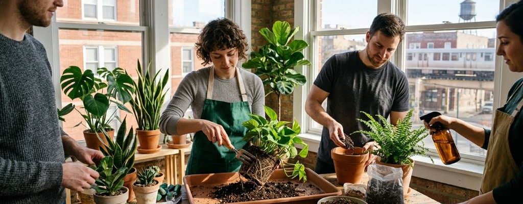 Indoor tropical plants in Chicago apartment using chunky soil mix for healthy root growth