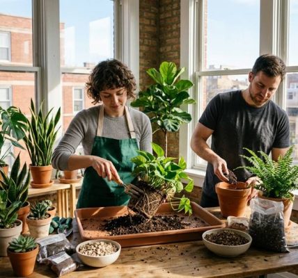 Indoor tropical plants in Chicago apartment using chunky soil mix for healthy root growth