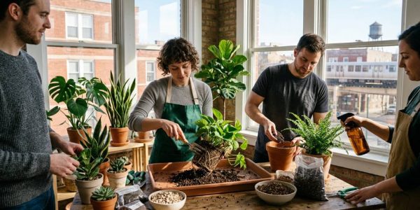 Indoor tropical plants in Chicago apartment using chunky soil mix for healthy root growth