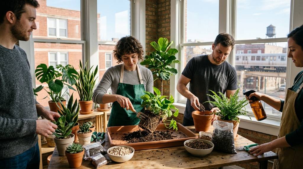 Indoor tropical plants in Chicago apartment using chunky soil mix for healthy root growth