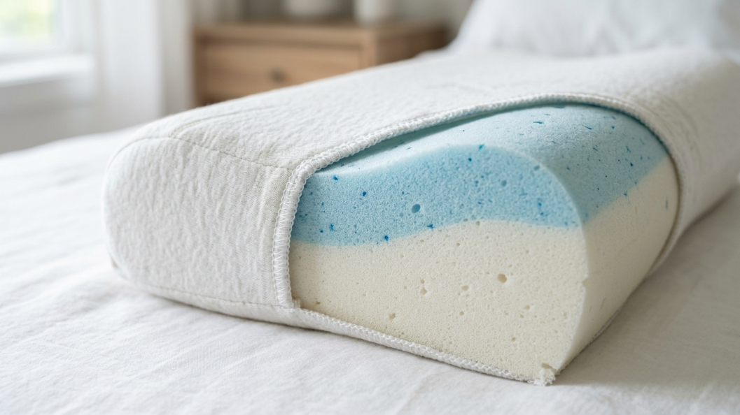 Side sleeper resting comfortably on an ergonomic contour pillow in a bright bedroom, demonstrating healthy neck support.