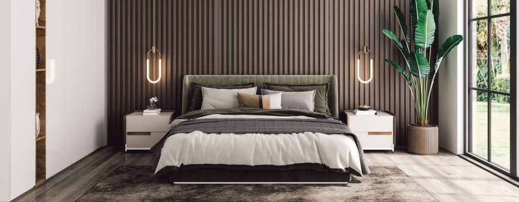 Elegant luxury bedroom setup in NV with minimalist decor, high-end furnishings, and cozy five-star hotel ambiance