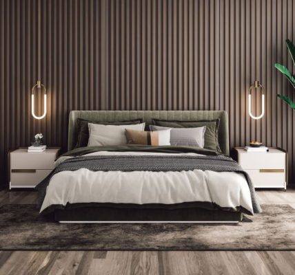 Elegant luxury bedroom setup in NV with minimalist decor, high-end furnishings, and cozy five-star hotel ambiance