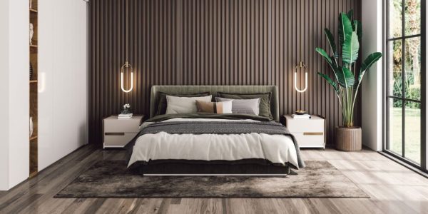 Elegant luxury bedroom setup in NV with minimalist decor, high-end furnishings, and cozy five-star hotel ambiance