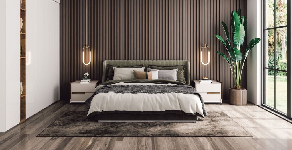 Elegant luxury bedroom setup in NV with minimalist decor, high-end furnishings, and cozy five-star hotel ambiance