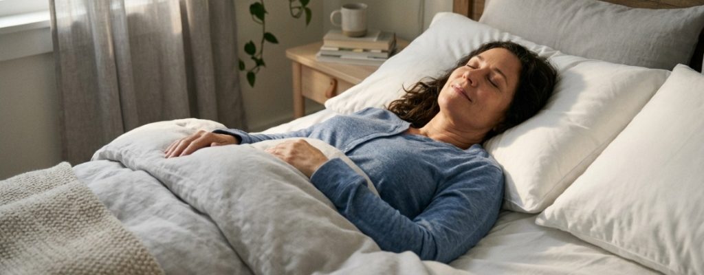 White contour pillow resting on a neatly made bed in a bright bedroom.