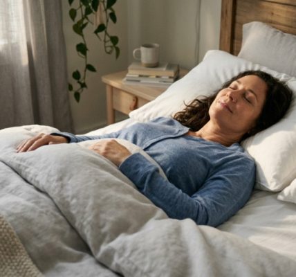 White contour pillow resting on a neatly made bed in a bright bedroom.