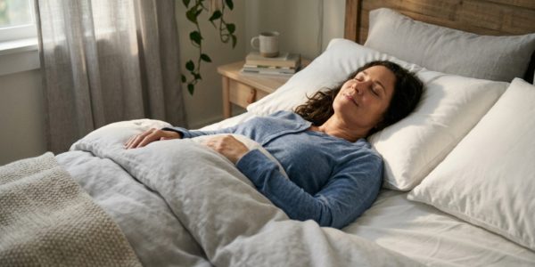 White contour pillow resting on a neatly made bed in a bright bedroom.
