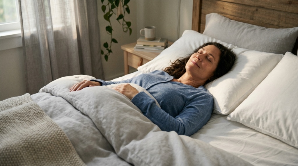 White contour pillow resting on a neatly made bed in a bright bedroom.