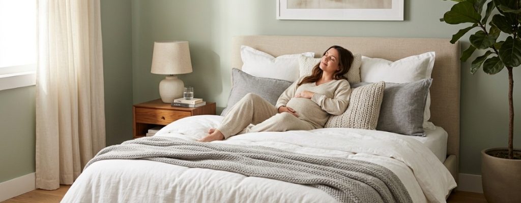 A pregnant woman relaxes on a sofa while supported by a full body pillow.
