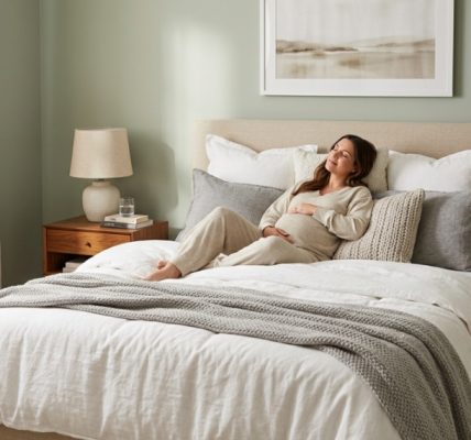 A pregnant woman relaxes on a sofa while supported by a full body pillow.
