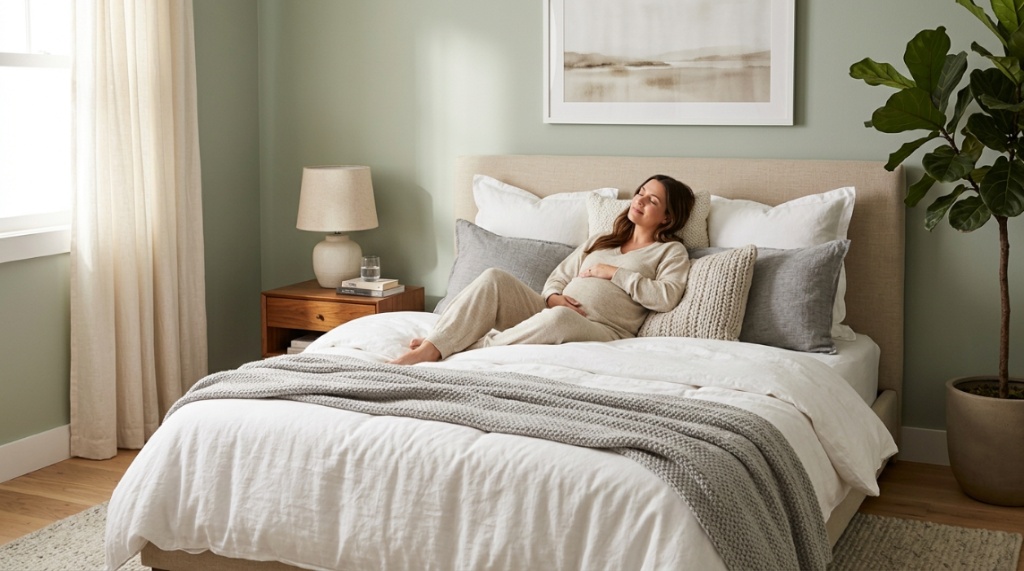 A pregnant woman relaxes on a sofa while supported by a full body pillow.