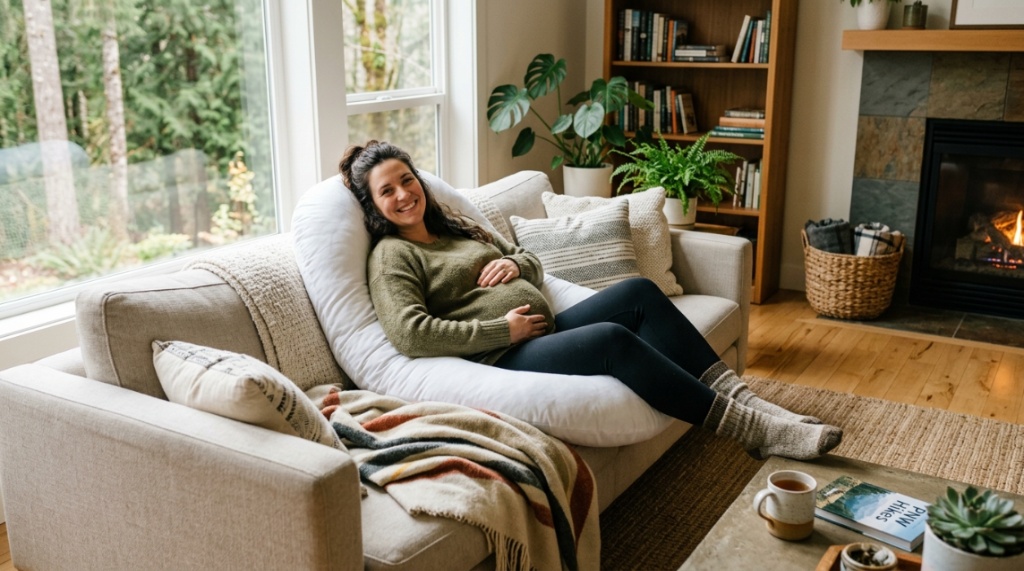 A pregnant woman sleeps comfortably on a king size bed with multiple pillows.