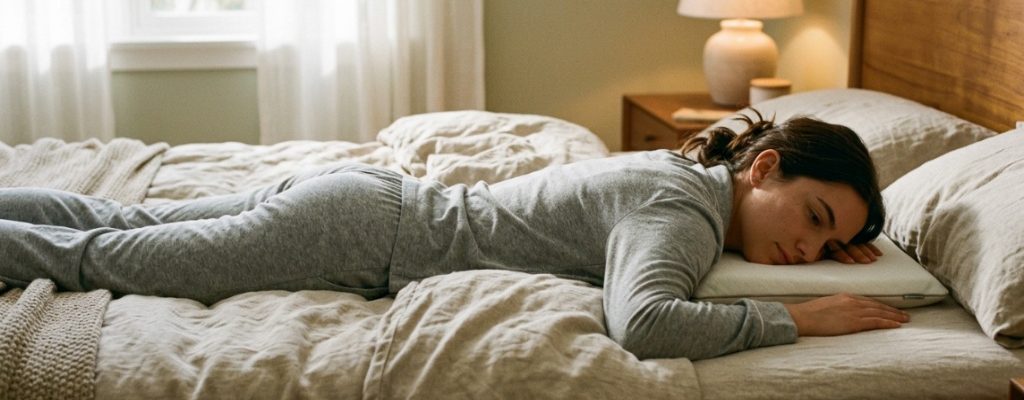 Low-profile slim pillow on a minimalist bed setup.