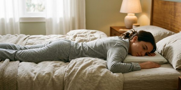 Low-profile slim pillow on a minimalist bed setup.
