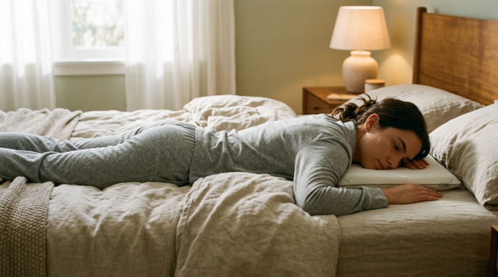 Low-profile slim pillow on a minimalist bed setup.
