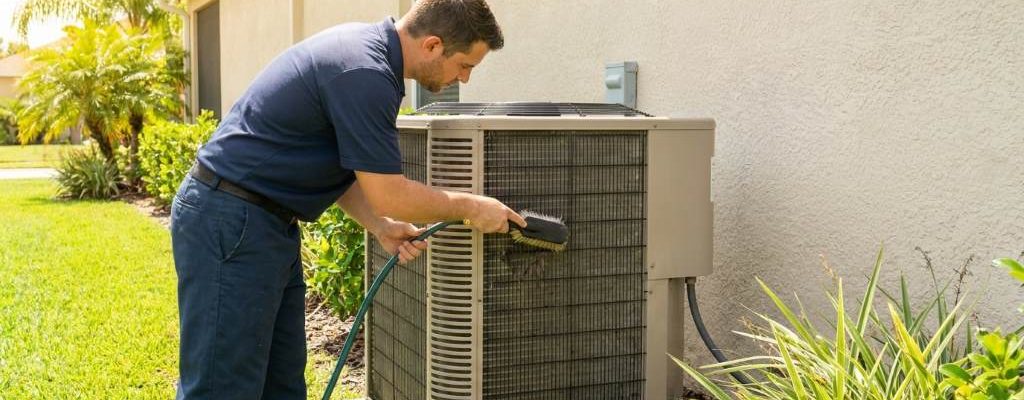 Technician inspecting an AC unit outside an Orlando home