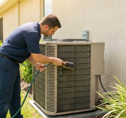 Technician inspecting an AC unit outside an Orlando home