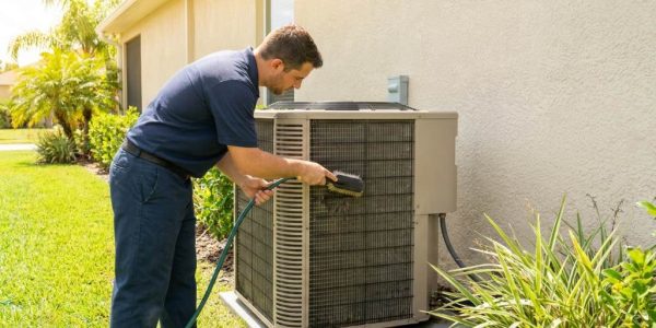 Technician inspecting an AC unit outside an Orlando home