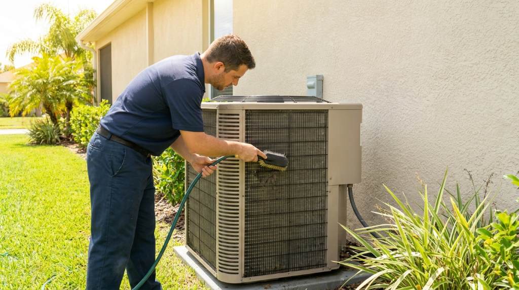 Technician inspecting an AC unit outside an Orlando home